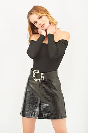 Black Faux Leather Croc Skirt