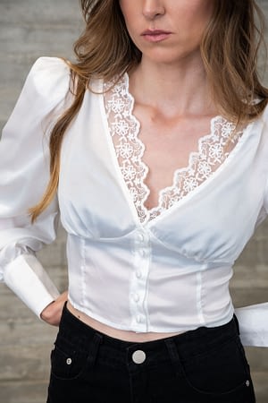 White Satin Top with Lace Details