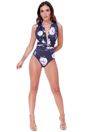Multi Way Floral Navy Swimsuit With Plunging V-Neck