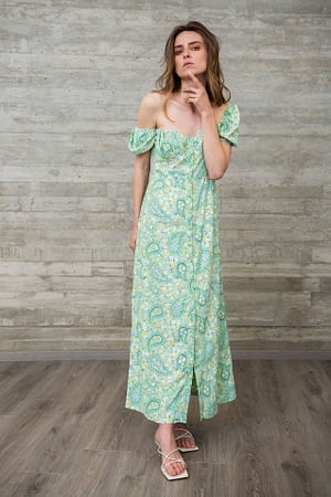 Green Floral Satin Dress with Buttons